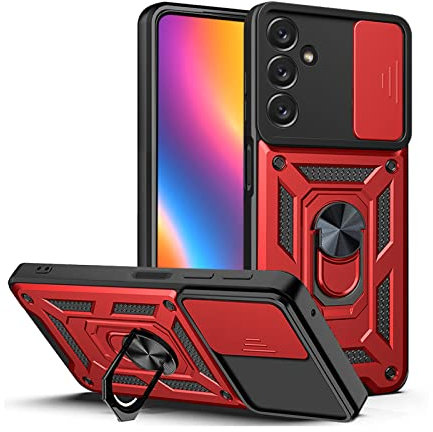 LBH Armor Hülle für Samsung Galaxy A14 / A14 5G Case mit Kameraschutz Outdoor Stoßfest Handyhülle 360 Grad Metal Ring Halter Ständer Schutzhülle für Handyhalterung Auto Magnet Rot