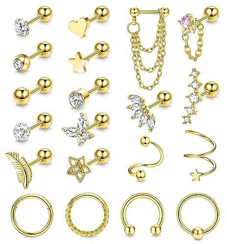 JeweBella 20 Stück 16G Ohrringe Set für Damen Chirurgenstahl Helix Piercings Gold/Silber Creolen Feder Herz Stern Ohrstecker Set Conch Helix Tragus Piercing Ohr Schmuck