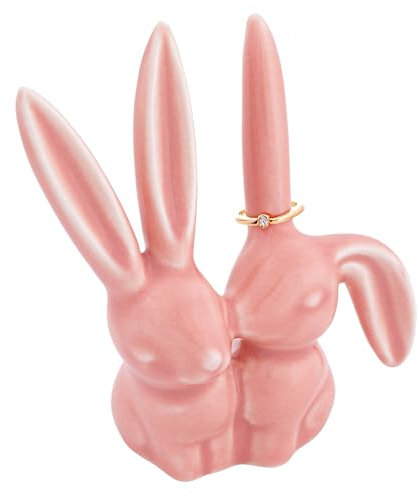 Creative Co-op Dekofigur Hase, Keramik, rosa Ringhalter