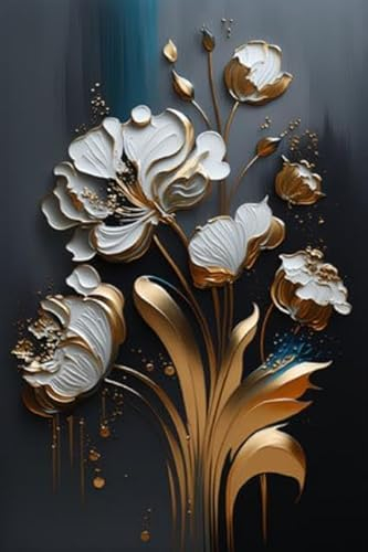 adrium Acryl-Bild 30 x 50 cm: Abstraktes florales Ölgemälde. Goldene und weiße Blumen auf dunklem Hintergrund. Generative KI (202226311)