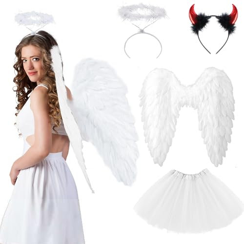 Engelsflügel mit Heiligenschein, Engel und Teufel Flügel Kostüm Damen, Feen Kostüm Erwachsene für Halloween Karneval Cosplay Party, Mit Teufelsohren Spitzenstrümpfe und Handschuhe