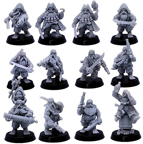 Miniaturas piratas enanas - 12 enanos con mosquetes, cañones y espadas para juegos de guerra de mesa | enanos de fantasía de 32 mm | RPG, juegos de guerra, dioramas | Miniaturas de las tierras altas |