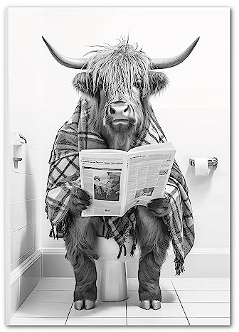 Lavema Affiche pour décoration de toilettes et de salle de bain - Image A4 sans cadre - Décoration murale amusante - Noir et blanc - Drôle WC photo - Vache écossaise