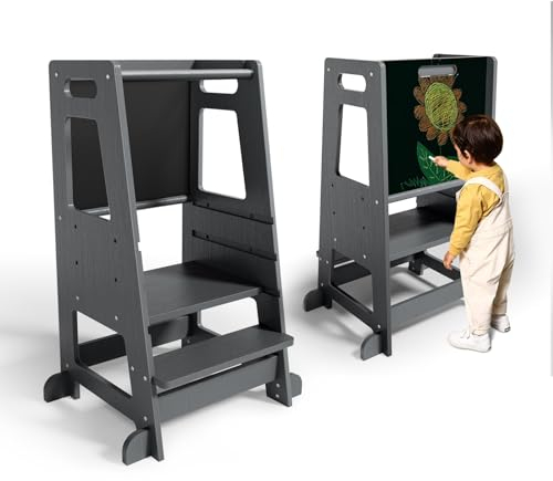 Aomdom Torre didattica Montessori 3 in 1 con lavagna - Torre ausiliaria da cucina regolabile con barra di sicurezza, scaletta bianca per bambini dai 18 mesi in su (capacità 80 kg)