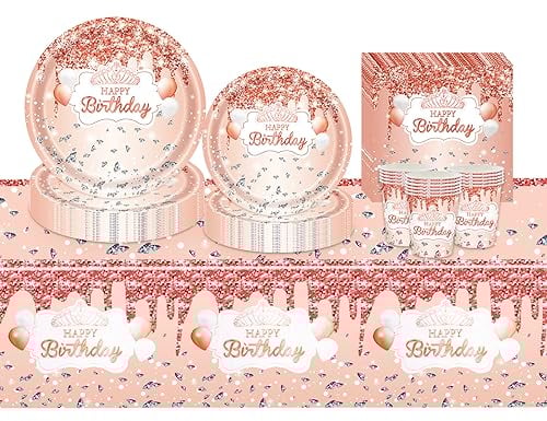 VReder Rose Gold Birthday Decorations Set, Glitter Diamond Disposable Paper Napkins Plates Cups Tablecloth for Her Girl Women Birthday Party 16 Guests