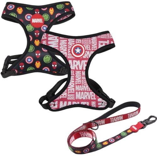 Marvel Premium Hundeleine & Geschirr Set - Avengers Aufdruck - Größe M-L - Wendbar, Anti-Zug und Regulierbar - Design mit 3D-Details - Original Produkt in Spanien Designed