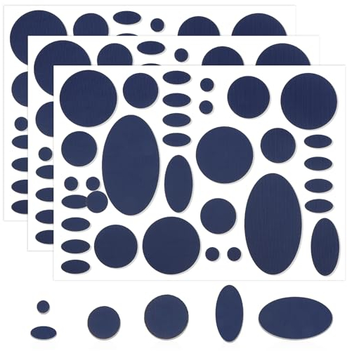 Skystuff 96 Pieces Down Jacket Patches Nylon Repair Tape Self-Adhesive Repair Patch for Jacket Tent Outerwear Repair, Fix Holes in Clothing, Sleeping Bags, Round and Oval Shape, Darkblue