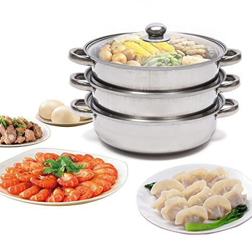 JINPRDAMZ Stainless Steel Steamer 28 cm Three Layers High-Quality Stainless Steel Couscou Pot with Glass Lid and Two Steam Inserts Steam Cooker for All Hobs Including Induction Can Be Combined