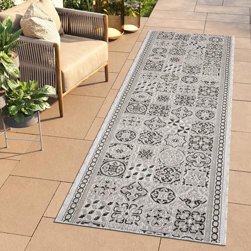 TAPISO Melissa Teppich Läufer Flur Outdoor Indoor Grau Schwarz Modern Mosaik UV-beständig Wetterfest Balkon Terrasse Wohnzimmer ÖKO-TEX 80 x 410 cm