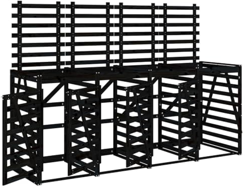 vidaXL Black Solid Pine Wood Quadruple Wheelie Bin Storage - Extendable and Ventilated Outdoor Trash Bin Shed