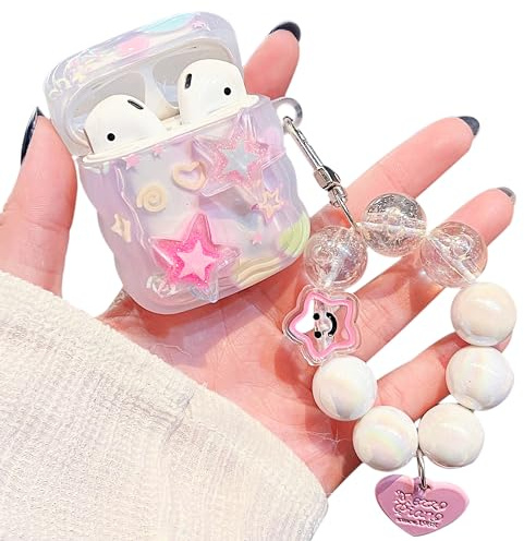 MINSCOSE Kompatibel mit Airpods 1&2 Klar Hülle,Niedliche 3D Sterne Muster Design mit Liebe Herz Schlüsselanhänger,Weiche TPU Schützende Stoßfestes Gehäuse für Airpods 1&2 für Mädchen Teens Frauen