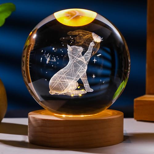 GUOCHENG 3D Crystal Ball Night Light, 3D Kitten LED Children's Lamp, Cat in Glowing Planets Globe, Gift for Puss Lover(Cat)
