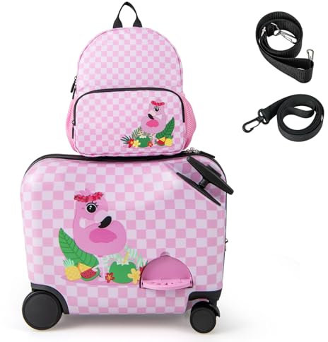 GOPLUS Kinderkoffer mit Rucksack, Kids Trolley, Kindergepäck mit Rollen, Reisekoffer mit Teleskopgriff, Hartschalenkoffer für Kinder, Kindertrolley Farbwahl (Pink-Flamingo, 12+18)