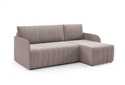LIKMA Ecksofa Otto L-Form 224 cm Hellbraun Moderne Sofas & Couches - Velvet Sofa mit Schlaffunktion - Schlafsofa mit Bettkasten - Wohnlandschaft mit Bettzeugbehälter, Stoff: Trinity 5