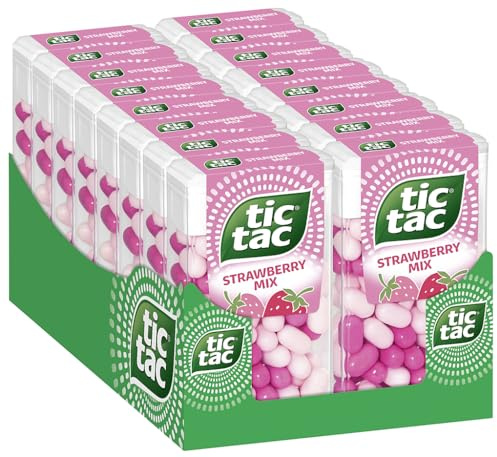 tic tac strawberry mix - Fruchtige Dragees mit Erdbeergeschmack, 16 x 54 g | Vorratspack: Mix aus 2 Erdbeer-Sorten (süß mit Zitrone & sauer mit Minze), Vegan, Fruchtige Erfrischung für unterwegs