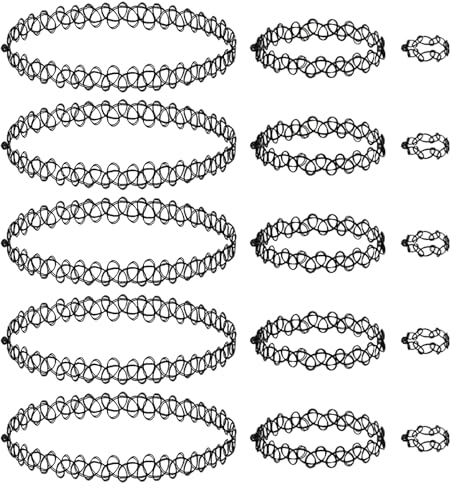 soodyoow 15 Stück Stretchhalsbänder Schwarz, 3 Sets Choker Halskette Sets, Armband, Ringe, Elastische Tattoo Halskette für Mädchen Frauen Teen Geschenk