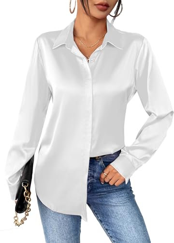 Zeagoo Chemisier Femme Satin à col en V La Soie Élégante Blouse Chic Manches Longues Chemise Boutons Ample à Manches Longues Chemisier de Soirée Business Top Blanc S