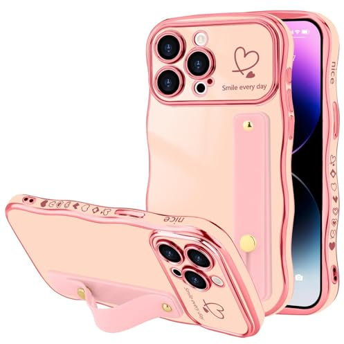 LLZ.COQUE for iPhone 14 Pro Case, Luxury Plating Love-Heart Wave Frame Shape Design, Adjustable Hand Strap Stand Cover, Shockproof Bumper Girls Women Phone Case for iPhone 14 Pro, Pink