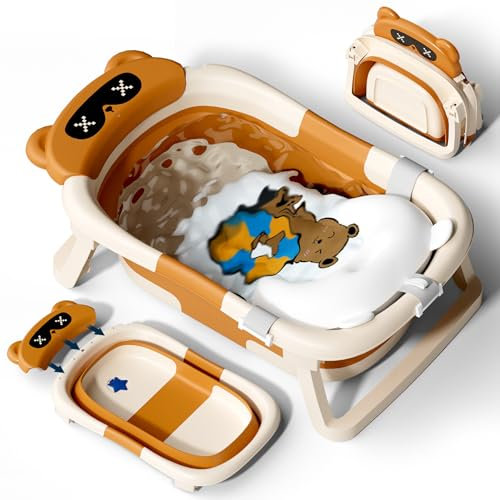 COOSEYA Baby Badewanne, Faltbare Babybadewanne Essentials für Neugeborene 0-12 Monate, Portable Baby Bathtub mit Badewannen Stützkissen Sitzmatte (Braun)