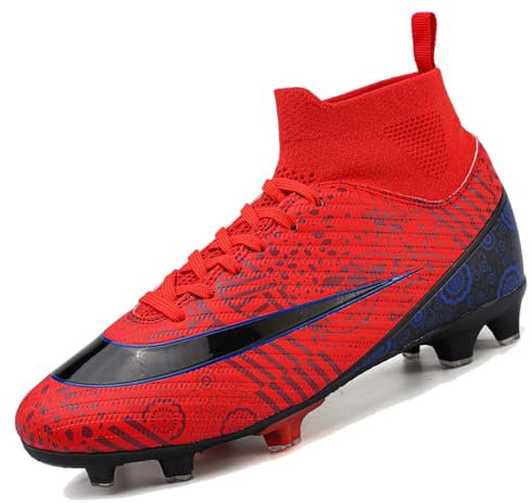 VTASQ Fußballschuhe Herren High Top Spike Cleats Professionelle Fussballschuhe Jugendliche Fußball Stiefel Athletics Fußballschuhe Trainingsschuhe Sportschuhe Wettkampf Rot 41EU