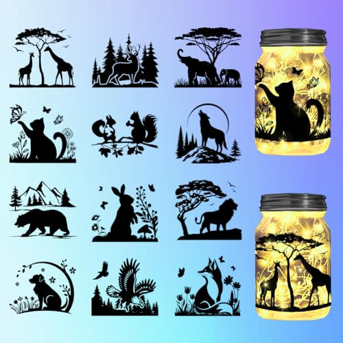 INFUNLY 12PCS Animal Silhouette Cutouts Decals 3.9x3.5Inch Forest Silhouette Cutouts Decals Silhouettes Jar Decor for Lantern Jars Wall Painting Scrapbook Windows Glass (No Sticker)