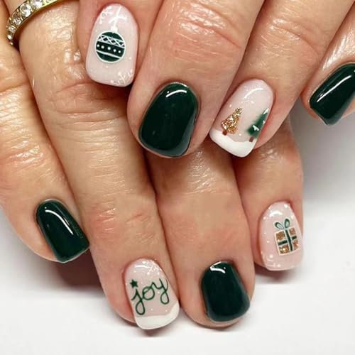 24Pcs Noël Faux Ongles Courts Carré, Naturel Français Press on Nails avec Arbre de Noël Dessin, Blanc et Vert Acrylique Couverture Complète Ongles Artificiels, Square Faux Ongles à Coller pour Femmes