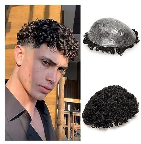Peluca que cubre la calvicie para hombres Tupé afro for hombres 0.12-0.14 mm de espesor Piel de PU completa con frente festoneado Hombres Tupé 15 mm Base de inyección de rizo Postizos Peluca de viaje