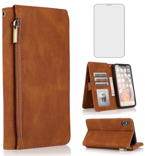 Compatible with iPhone Xs X 10 10s Wallet Case Tempered Glass Screen Protector Zipper Leather Flip Cover Card Holder Stand Phone for iPhoneX iPhoneXs iPhone10 i PhoneX SX 10x 10xs X’s Women Men Brown