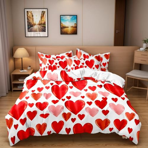 Gohytal Bettwäsche Set, 135x200cm Bettwäsche Roten Herzen Aesthetic Bettwäsche Herzen mit Reißverschluss Mikrofaser Clean Girl Bettwäsche Herzmotiv Bettbezug Set Geburtstagsgeschenfür Mädchen Frauen