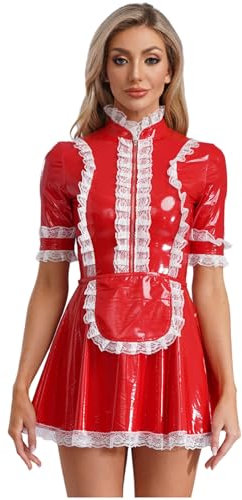 Fldy Damen Kostüm Dienstmädchen Lack Leder Maid Kleid Schürz Set Fasching Karneval Kostüm Französisches Magd Outfit Rot L