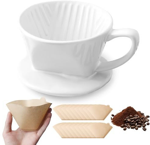 WIYETY Kaffeefilter Porzellan, Kaffee Filter mit 50 Filterpapier, Porzellan Kaffeefilter für 4 Tassen Kaffee, Porzellan Kaffee Filter, Kaffee Filteraufsatz, Geschenk für Freunde, Familie - Weiß