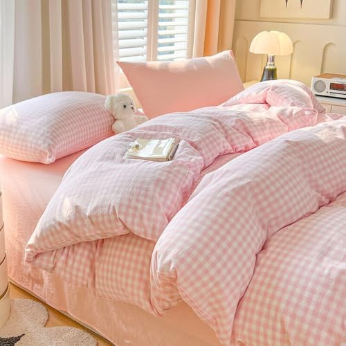 Michorinee Housse de Couette 200x200 Rose et Blanc Vichy à Carreaux Parure de Lit Adulte 2 Personnes Microfibre Moderne Sets de Housses de Couettes avec Fermeture éclair et 2 Taies d'oreiller 65x65 cm