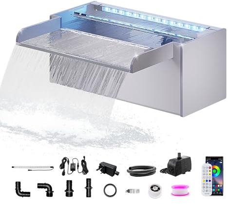 LONGRUN 30cm Teich-Wasserfall,Acryl Pool-Wasserfall mit Wasserpumpe,7 Farben Bluetooth LED Garten Brunnen
