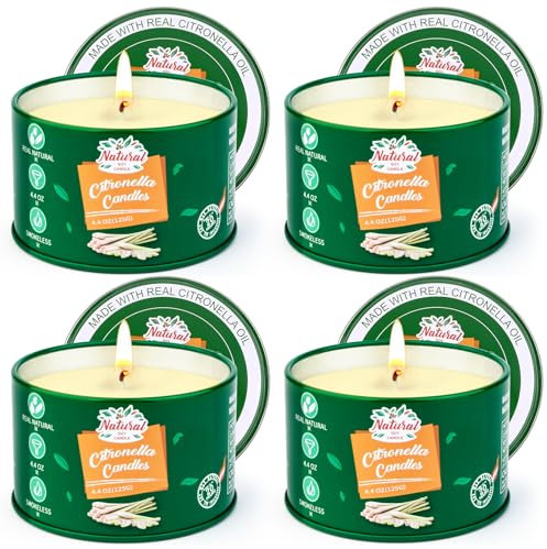 Citronella Kerzen Outdoor Groß,4x125g Citronella Kerze Draußen-120Std Brenndauer Zitronella Kerzen Garten,Natürliche Sojawachs Zitronen Duftkerzen-Set für Camping Terrasse Picknicks Sommergeschenk
