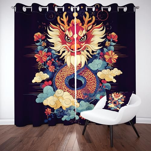 Sobhdga Vorhang Blickdicht Chinesischer Drache, Orientalisch Vintage Gardinen mit Ösen 2er Set, Vorhänge Asiatischer, Thermovorhang Kälteschutz für Wohnzimmer Schlafzimmer H 175 x B 70 cm