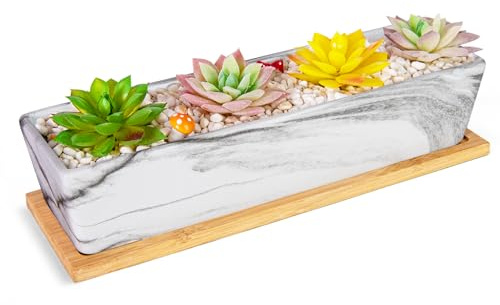 ARTKETTY Succulent Plant Pots - Large Succulent Planters with Drainage Tray, Window Sill Planter, Long Rectangle Ceramic Pot for Indoor Cactus Plants Shallow Bonsai Window Box