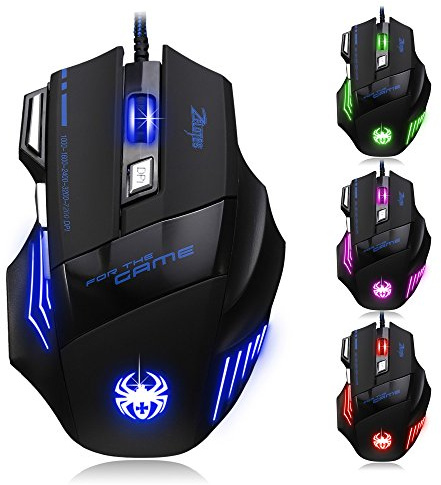 zelotes Ergonomic Gaming Mouse with Rapid Fire Button, 7200 DPI(5-Level Adjustable), 7 Buttons,LED Lighting, USB Wired Optical Mouse for Office/Gaming, Compatible with Laptop/PC (Black)