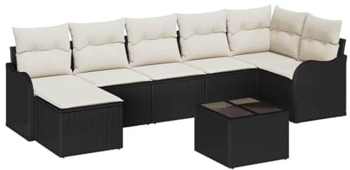 vidaXL 7-teiliges Garten-Sofa-Set mit Kissen in Schwarz und Creme aus Poly-Rattan. Modernes, Flexibles Outdoor-Sofa für deinen Balkon. Bequeme Möbel mit abnehmbaren Bezügen und verstellbaren Füßen.