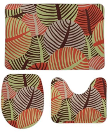 Badgarnitur 3 Teilig Bunte Blätter Weiche U-förmiger Teppich Waschbar WC Vorleger für Dekoration Badezimmer