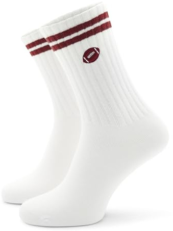 40YARDS American Football Crew Socken Stick | Motiv: Football | Größe 37-46 | Weiße Tennissocken mit 2 Streifen & gesticktem Football | One Size Einheitsgröße 37-46 | Geschenk für American Football Fans