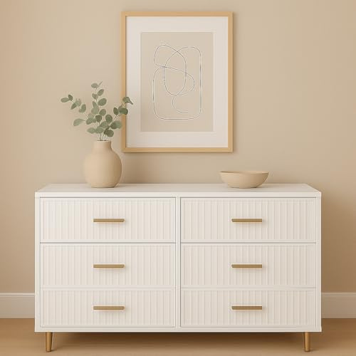 Home Treats Bedroom Furniture Set White Wooden Chest of 6 Drawers Wide With Anti Bowing Supports Gold Accents t Ridged Design (Chest of 6 Drawers)
