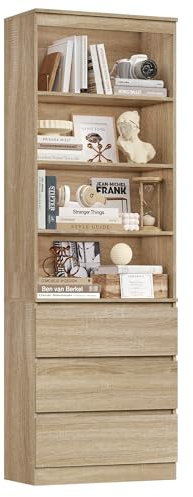 FirFurd 202 cm Bücherregal Bücherschrank mit 3 Schubladen 4 Fächern Eiche | Hochschrank mit verstellbaren Ablagen, Wohnzimmerschrank, Vitrinenschrank für Wohnzimmer Büro Küche, 60 x 35 x 202 cm