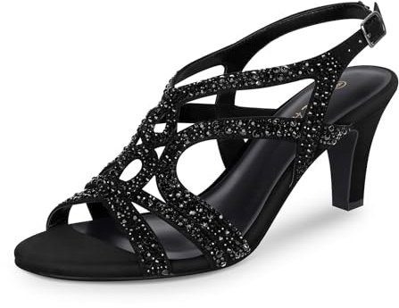 PIZZ ANNU Amelia Sandali Donna Estive Eleganti Comode Glitter Strass Sandalo Slingback Scarpe con Tacco Punta Aperta Kitten per Cerimonia Sposa Nero EU 41