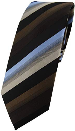 TigerTie - schmale Designer Krawatte in braun dunkelbraun blau beige schwarz gestreift
