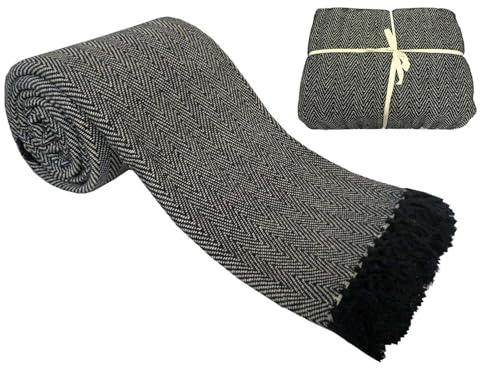 Artistic Fashionista Luxury Pure 100% Cotton HERRINGBONE Super Soft Woven Sofa Bed Throw Blanket Bedspread Settee Cover With Tasselled Edging (Extra Large 90x100, Black)