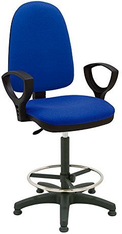 Centrosilla Taburete Giratorio Oficina ergonómico Torino, con pies fijos (Tacos) y Brazos, Respaldo Regulable en Altura y Profundidad, aro reposapiés Cromado Regulable - (Azul)