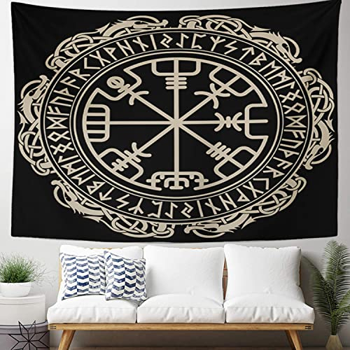 Emvency Tapisserie, Mandala, 127 x 152,4 cm, Heimdekoration, Schwarz, keltischer Wikinger, magischer Runen-Kompass, Vegvisir im Kreis der nordischen Runen, Wandteppiche