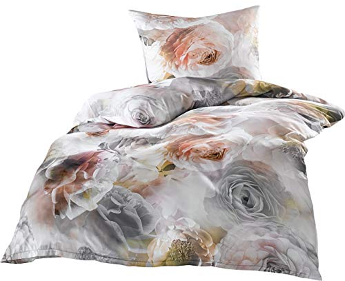 Bettwaesche-mit-Stil Edle Mako Satin Rosen Kissenbezug grau rosé 100% Baumwolle 40x80 cm