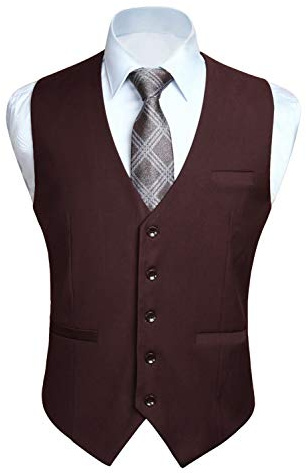 Hisdern Men's Formal Wedding Party Cotton Waistcoat Solid Color Vest, Brown, 4XL(Chest 54.8inches)