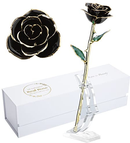 ZASTION Gold Real Rose, Gold Dipped Rose Made from Real Rose Best Gifts for her and Great Gifts for Girlfriend, Black with Stand